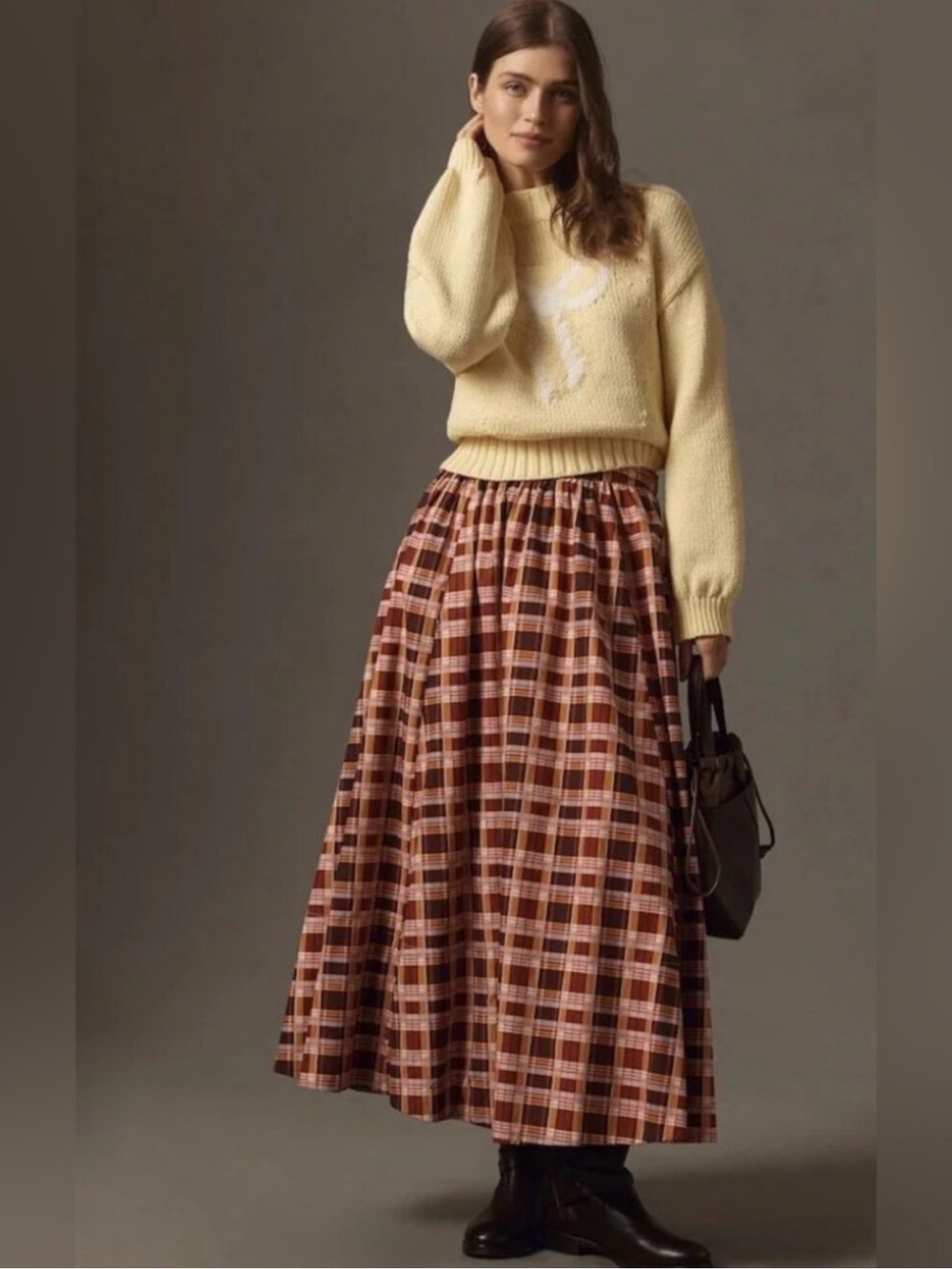 Anthropologie Maeve Brown and Pink Plaid Maxi Skirt